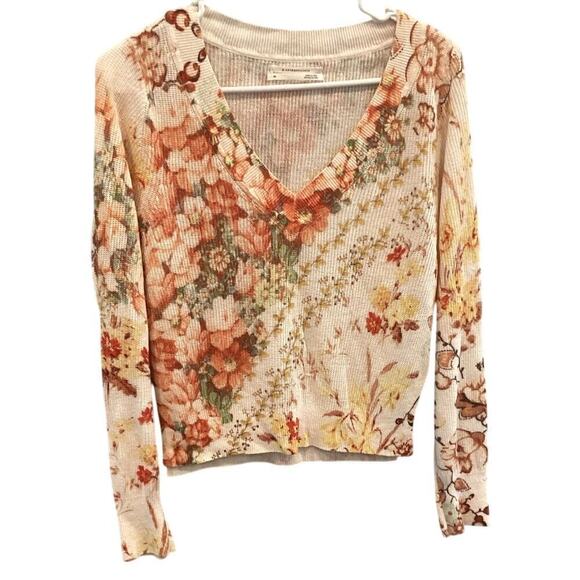Anthropologie Women Linen Sweater XS Cream Floral Cottagecore Feminine Romantic - Picture 1 of 10